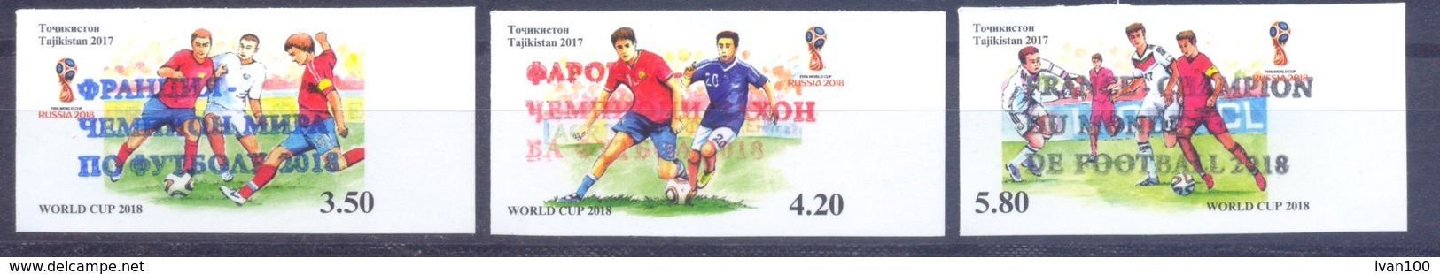 2019. Tajikistan, France - World Football Champions'2018, 3v Imperforated With Overprints, Mint/** - Tayikistán