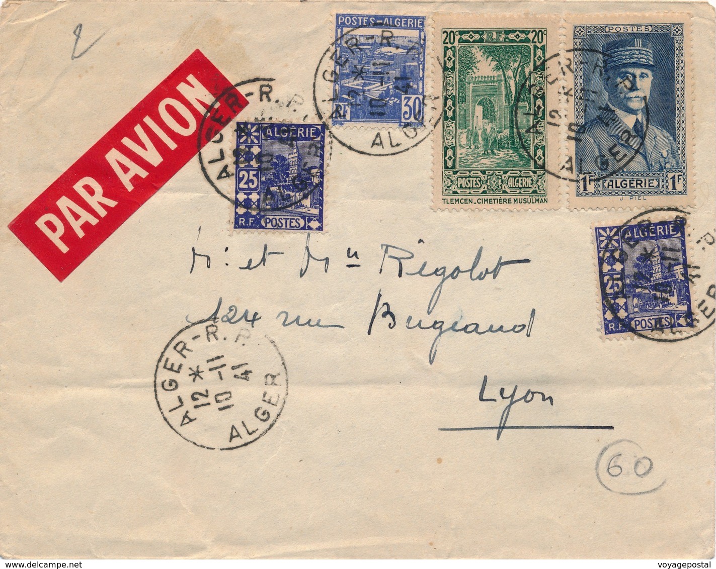 & LETTRE ALGERIE PAR AVION ALGER LYON 1941 & - Lettres & Documents