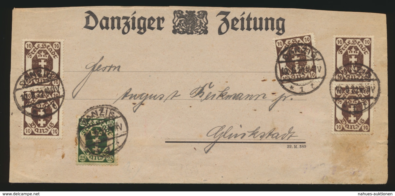 Danzig Brief Streifband MIF 74 + 77 Wappen Danziger Zeitung Nach Glückstadt - Other & Unclassified