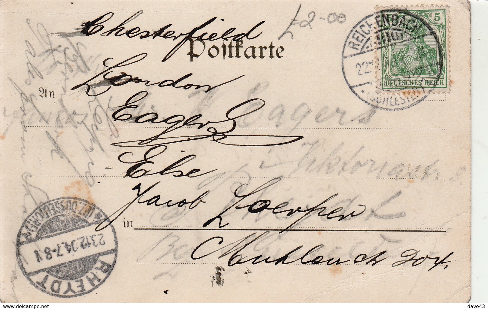 1912 Redirected German Card Factories Etc Reichenbach 5pf Germania Stamp Rheydt & Reichenbach CDS - Autres & Non Classés