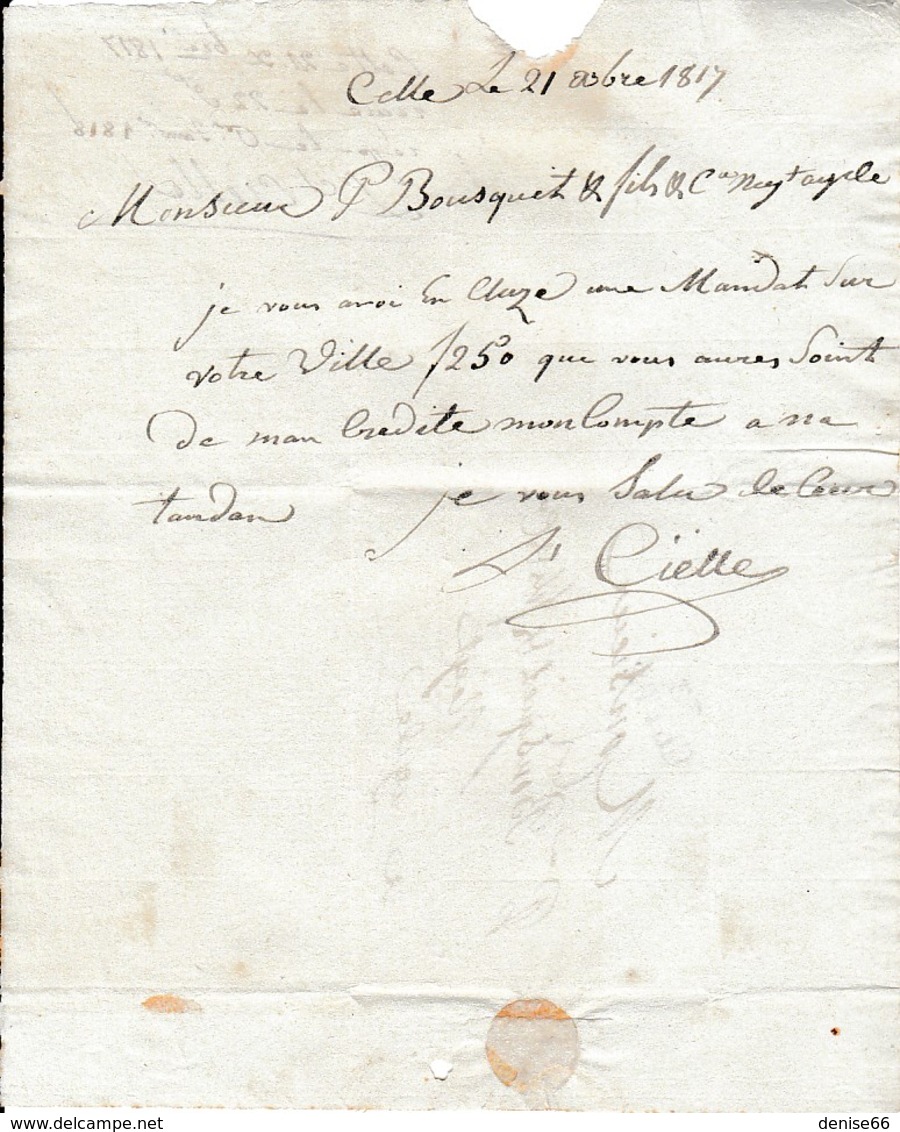 1817 - CETTE (33) - Lettre De M. CIELLE De Cette à M. Bousquet D'Agde - Documents Historiques