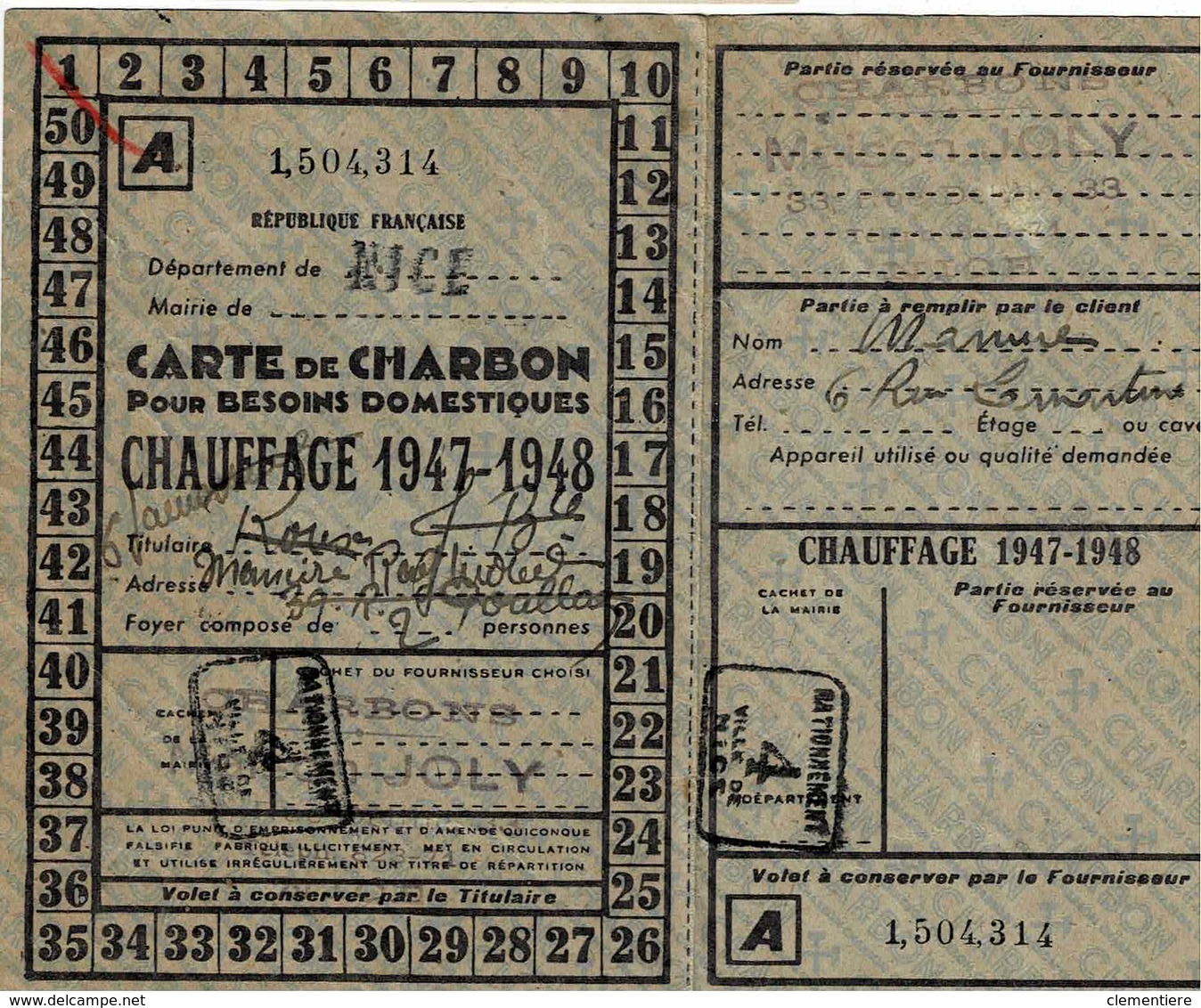 Carte De Charbon Pour Saison 1947/48 De La Ville De Nice - Non Classés