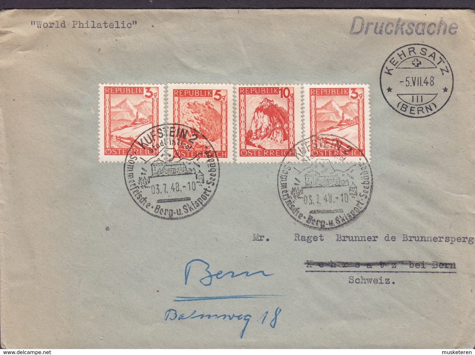 Austria Sonderstempel KUFSTEIN Berg- U. Skisport 1948 Cover Brief Druchsache KEHRSATX (Bern) (Arr. Cds.) Schweiz - Briefe U. Dokumente