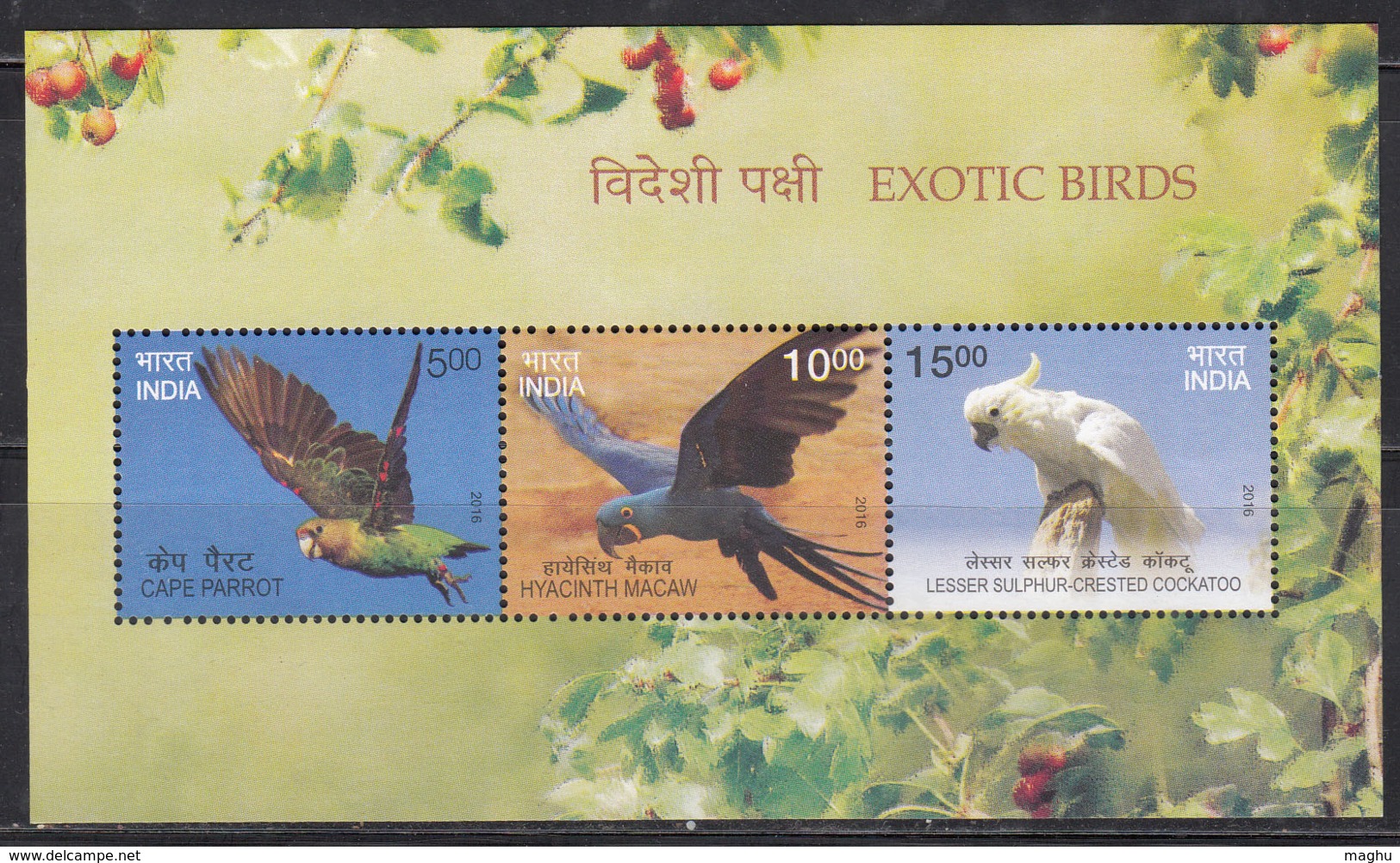 India MNH 2016, MS Exotic Birds, Bird, Cape Parrot, Cockatoo, Macaw - Unused Stamps