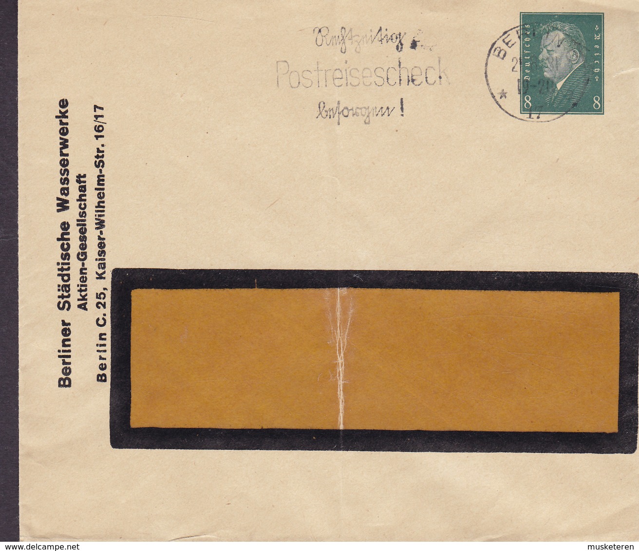 Germany Deutsches Reich PRIVATE Print BERLINER STÄDTLICHE WASSERWERKE Slogan BERLIN 1931 8 Pf. Ebert - Enveloppes