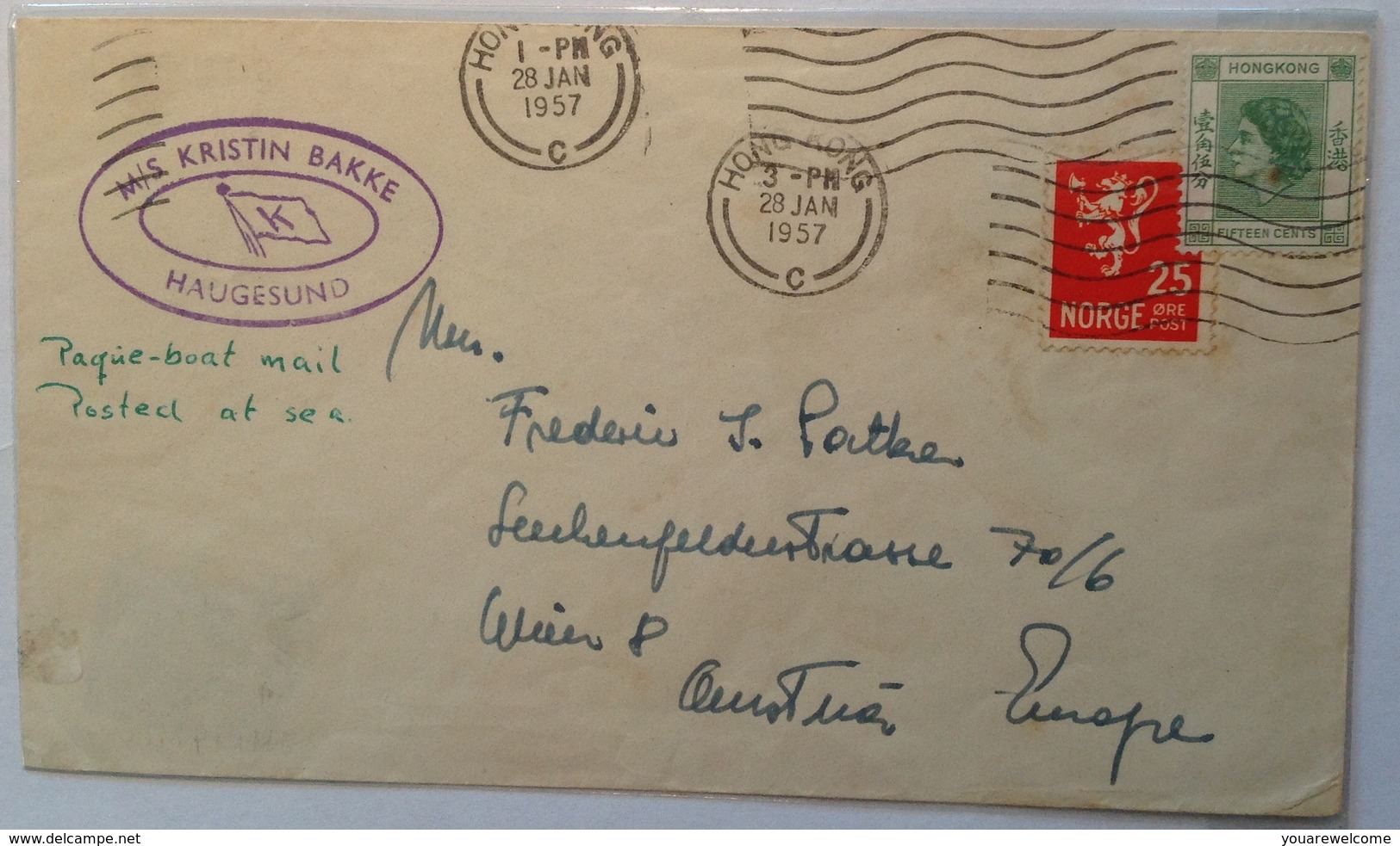 Hong Kong 1957 REAL MIXED FRANKING On PAQUEBOT SHIP MAIL COVER Norway (Haugesund Brief Lettre Norwegen China Chine - Briefe U. Dokumente
