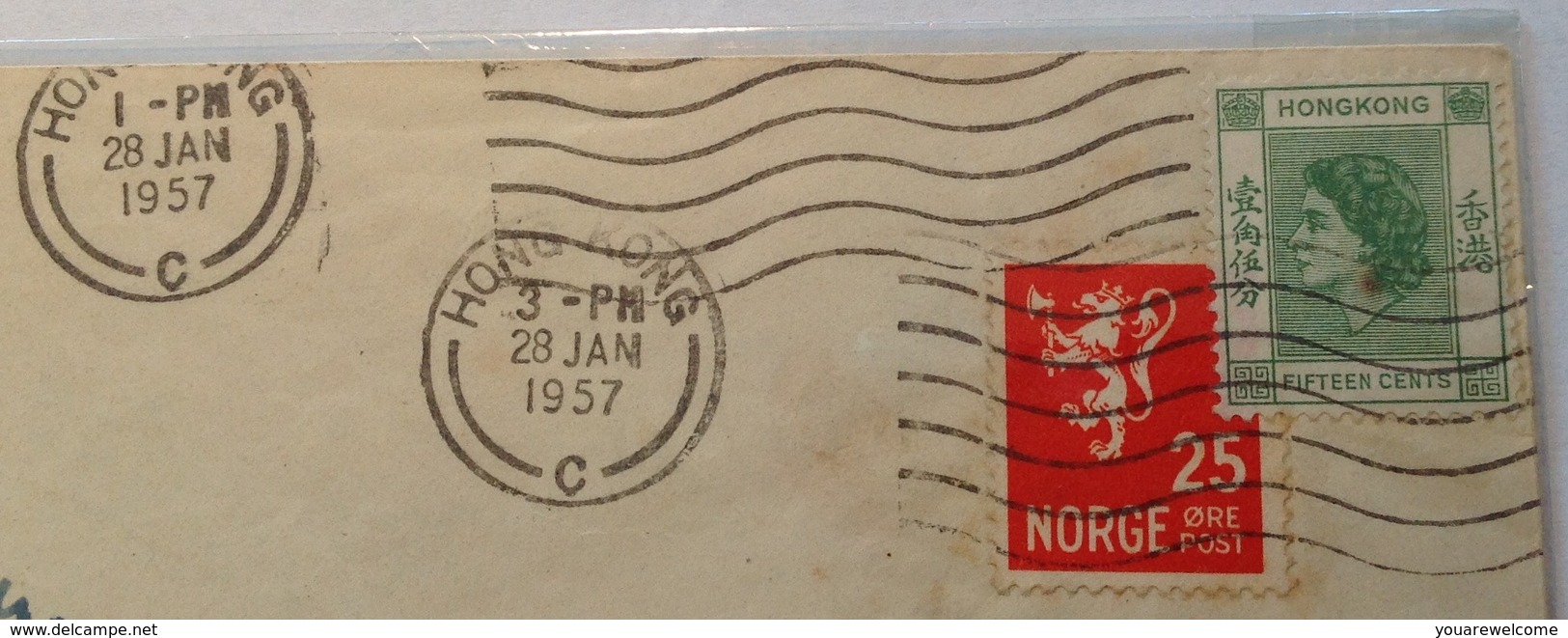 Hong Kong 1957 REAL MIXED FRANKING On PAQUEBOT SHIP MAIL COVER Norway (Haugesund Brief Lettre Norwegen China Chine - Cartas & Documentos