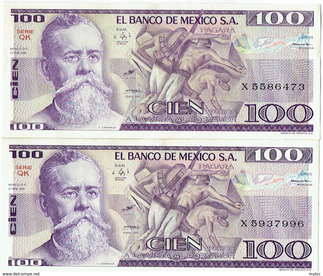 Billet. El Banco De Mexico. Cien (100) Pesos. 1981. Lot De 2 Billets. - Mexique