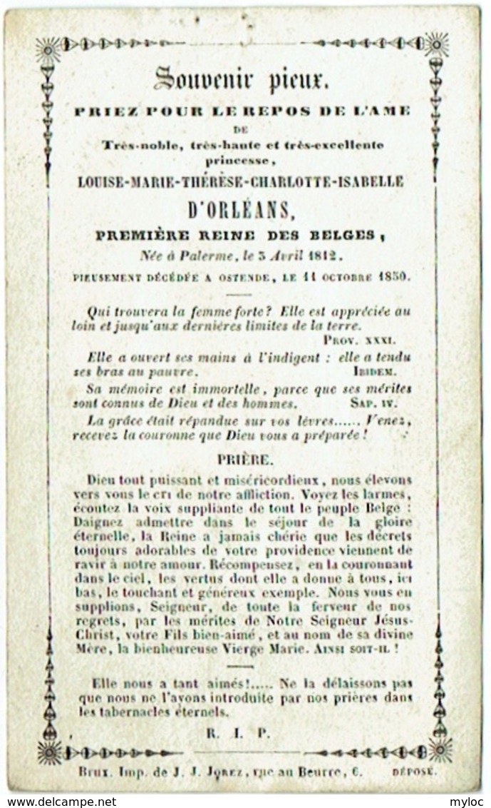 Doodsprentje/Image Mortuaire. Louise Marie D'Orléans, Reine Des Belges. Palerme 1812/Ostende 1850. - Devotion Images