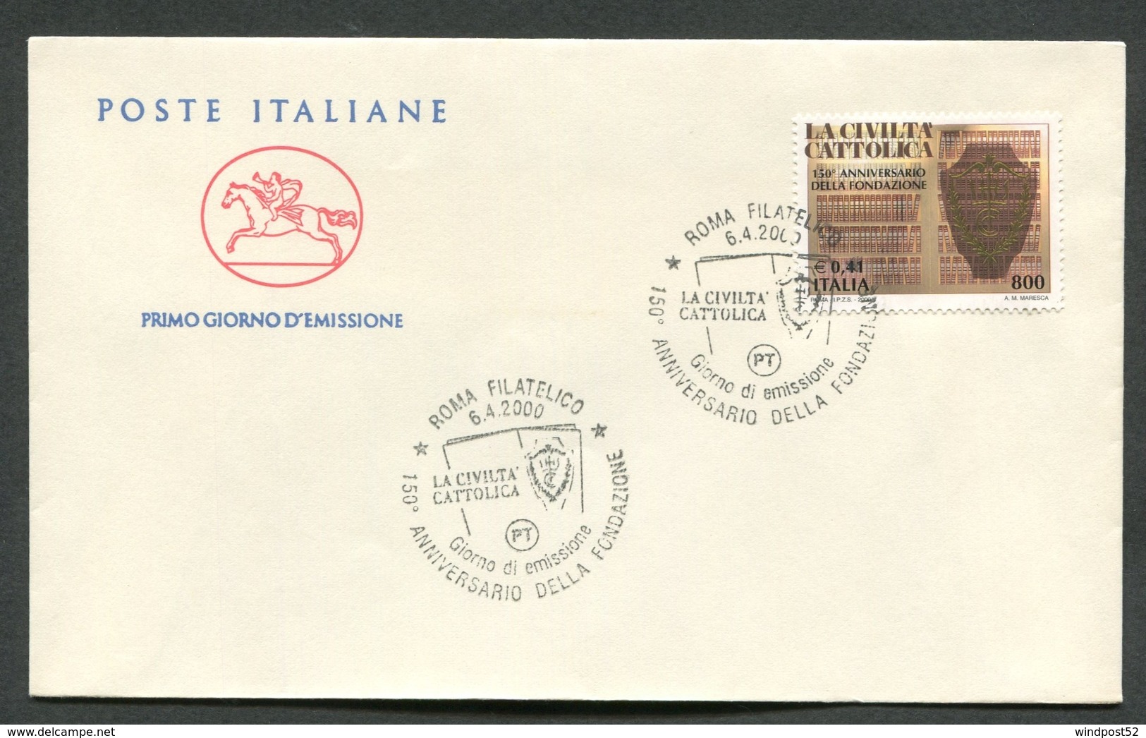 FDC ITALIA 2000 - CAVALLINO - ANNIVERSARIO DELLA FONDAZIONE LA CIVILTA' CATTOLICA - 455 - FDC