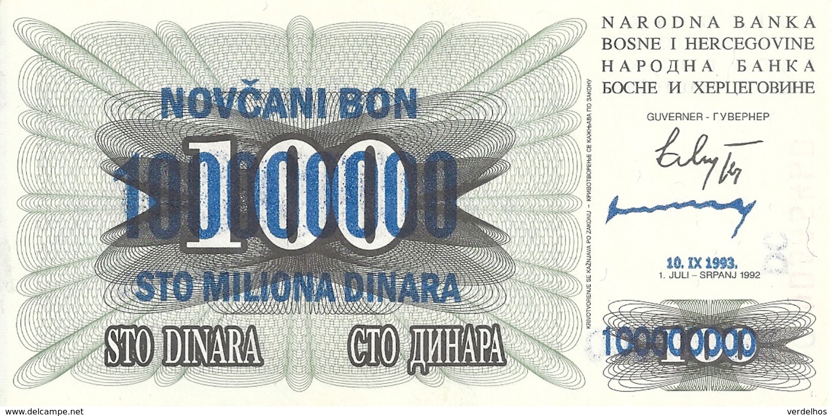 BOSNIE HERZEGOVINE 100 MILLION DINARA 1993 XF P 37 - Bosnië En Herzegovina