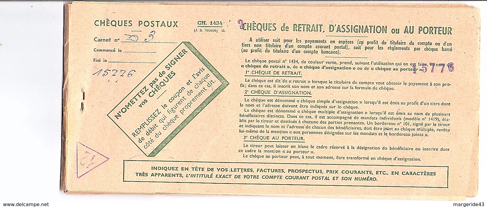 CARNET DE CHEQUES DE RETRAIT DES CHEQUES POSTAUX - Sin Clasificación