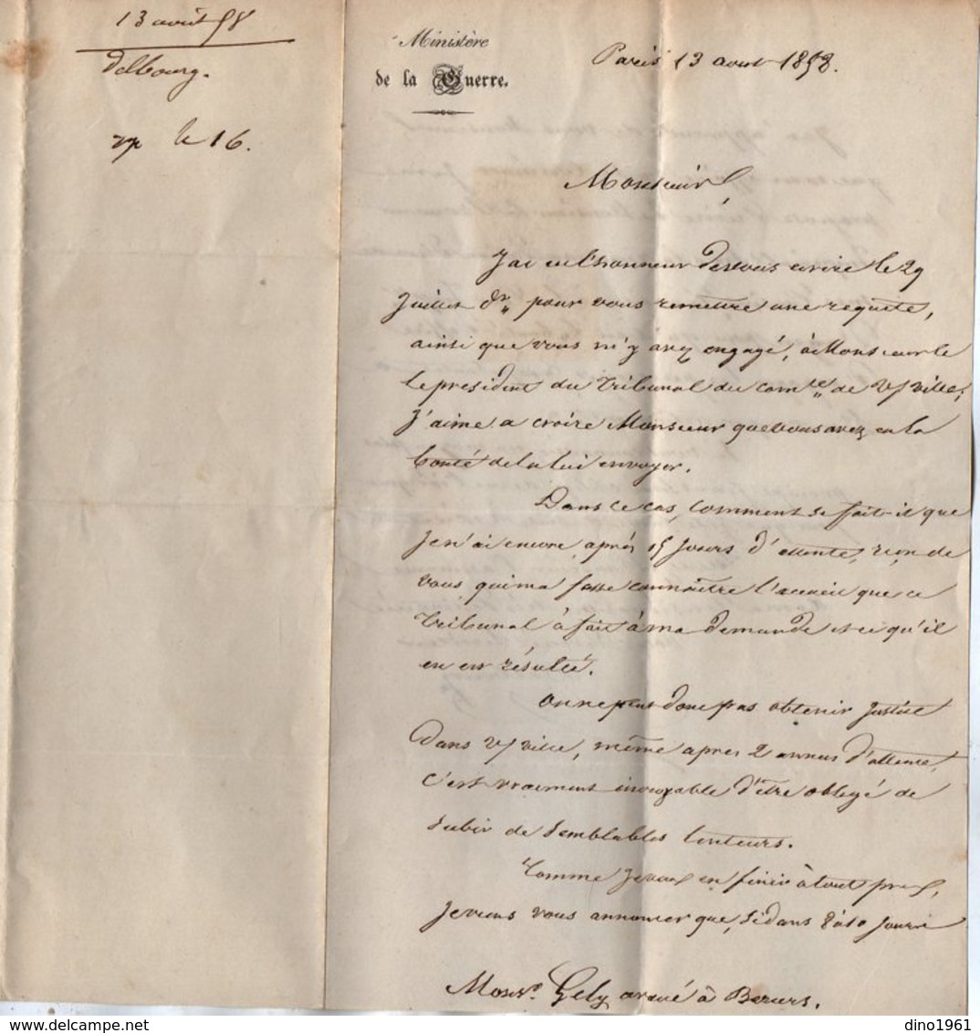 VP14.912 - MILITARIA - PARIS 1858 - Lettre Du Ministère De La Guerre à Mr GELY Avoué à BEZIERS - Documenten