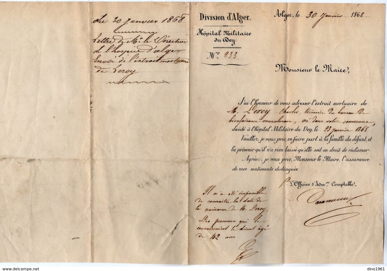 VP14.913 - MILITARIA - 1868 - Lettre De Mr Le Directeur De L'Hospice D'ALGER Envoi De L'Extrait Mortuaire De Mr LEROY - Documents