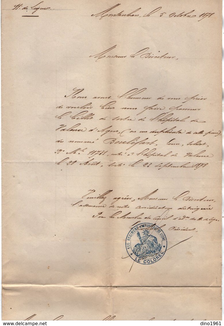 VP14.915 - MILITARIA - MONTAUBAN 1878 - Lettre De Mr Le Colonel Du 11 ème Rgt De Ligne à Mr Le Maire De VALENCE D'AGEN - Documenti