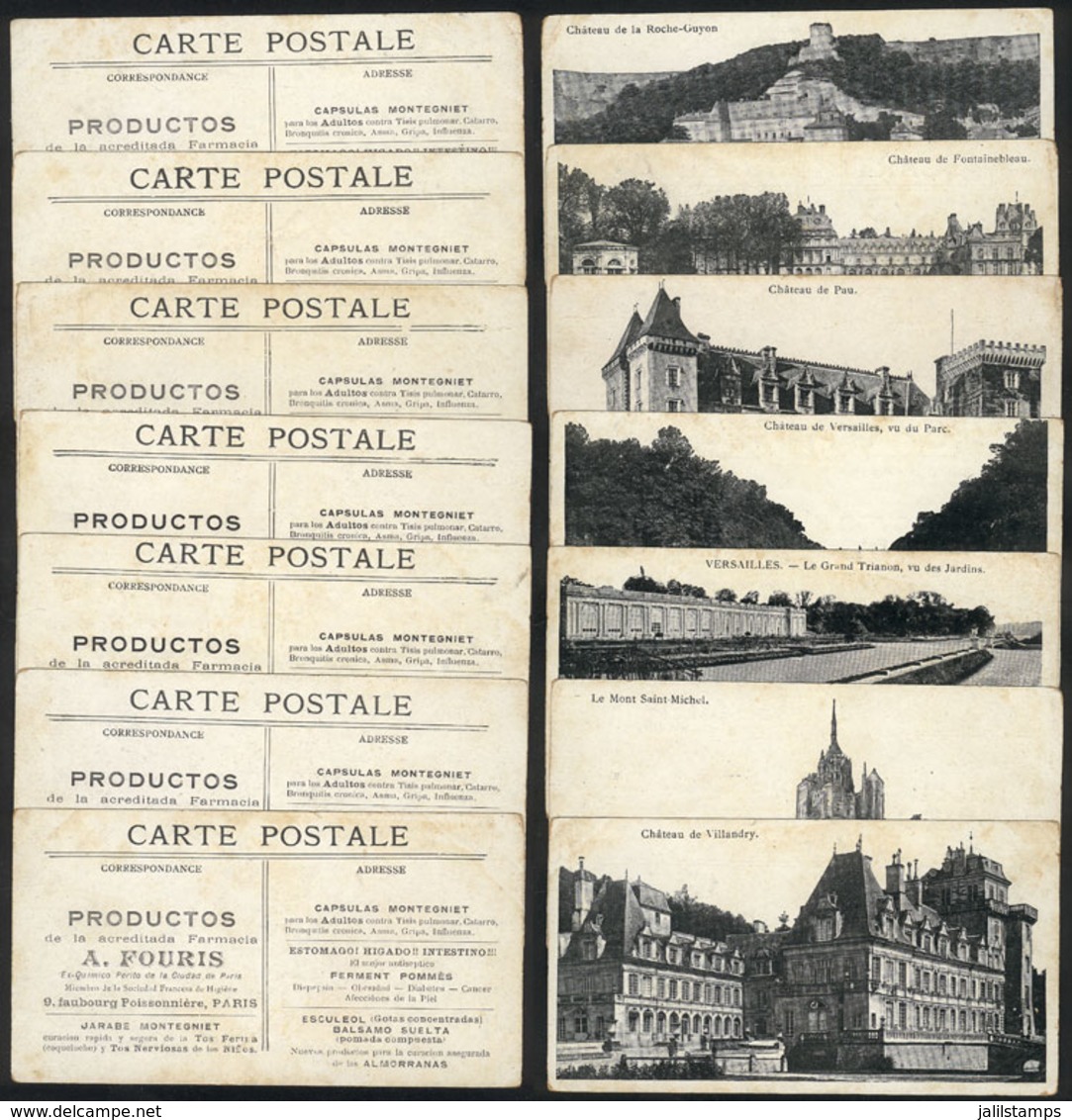 TOPIC MEDICINE: 7 Old PCs With Views Of French Castles, All With Advertising For Medicine On Back (products Of The Pharm - Salud