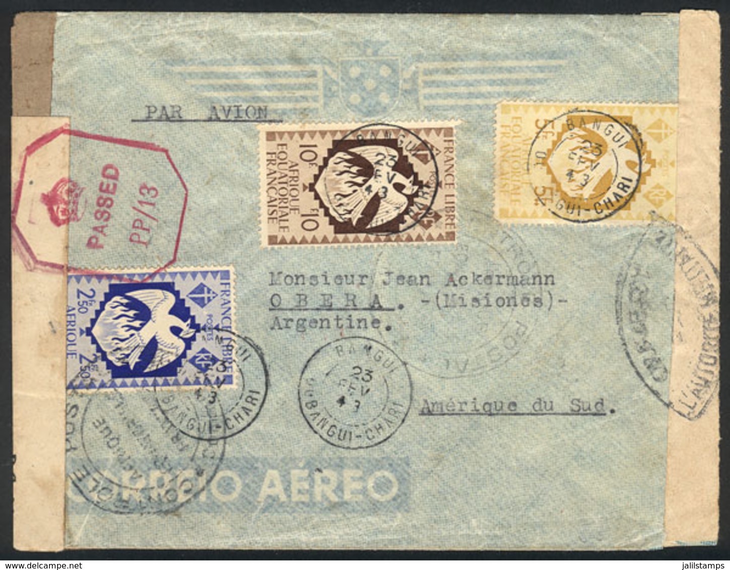 FRENCH EQUATORIAL AFRICA: Airmail Cover Sent From BANGUI To Oberá (Argentina) On 23/FE/1943 Franked With 17.50Fr., With  - Covers & Documents