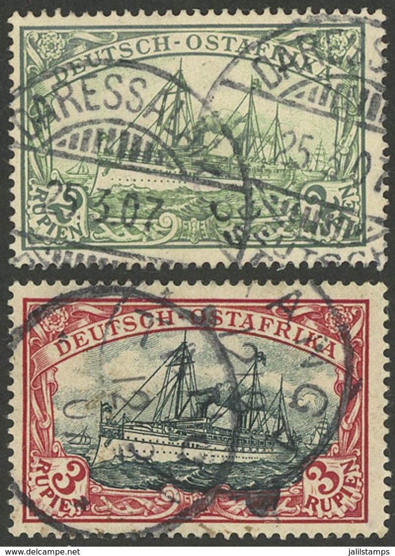 GERMAN EAST AFRICA: Sc.20 + 21, 1900 Imperial Yacht, The 2 High Values Of The Set, Used, The 3R. With Light Thin On Back - German East Africa