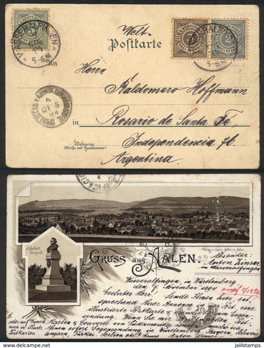 GERMANY: Beautiful PC With View Of Aalen, Sent From WASSERFINDEN To Rosario (Argentina) On 7/NO/1894, VF Quality, Rare! - Prefilatelia