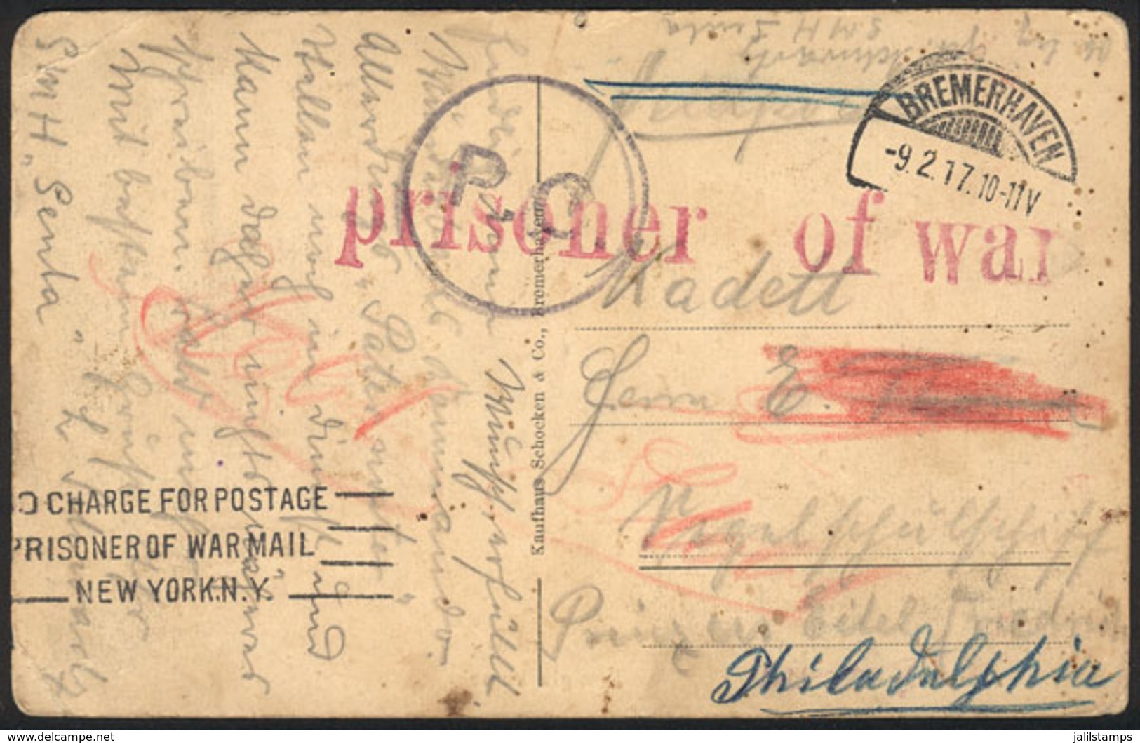 GERMANY: Postcard Sent By A Prisoner Of War From Bremerhaven To USA, With Interesting Postal Marks! - Prephilately