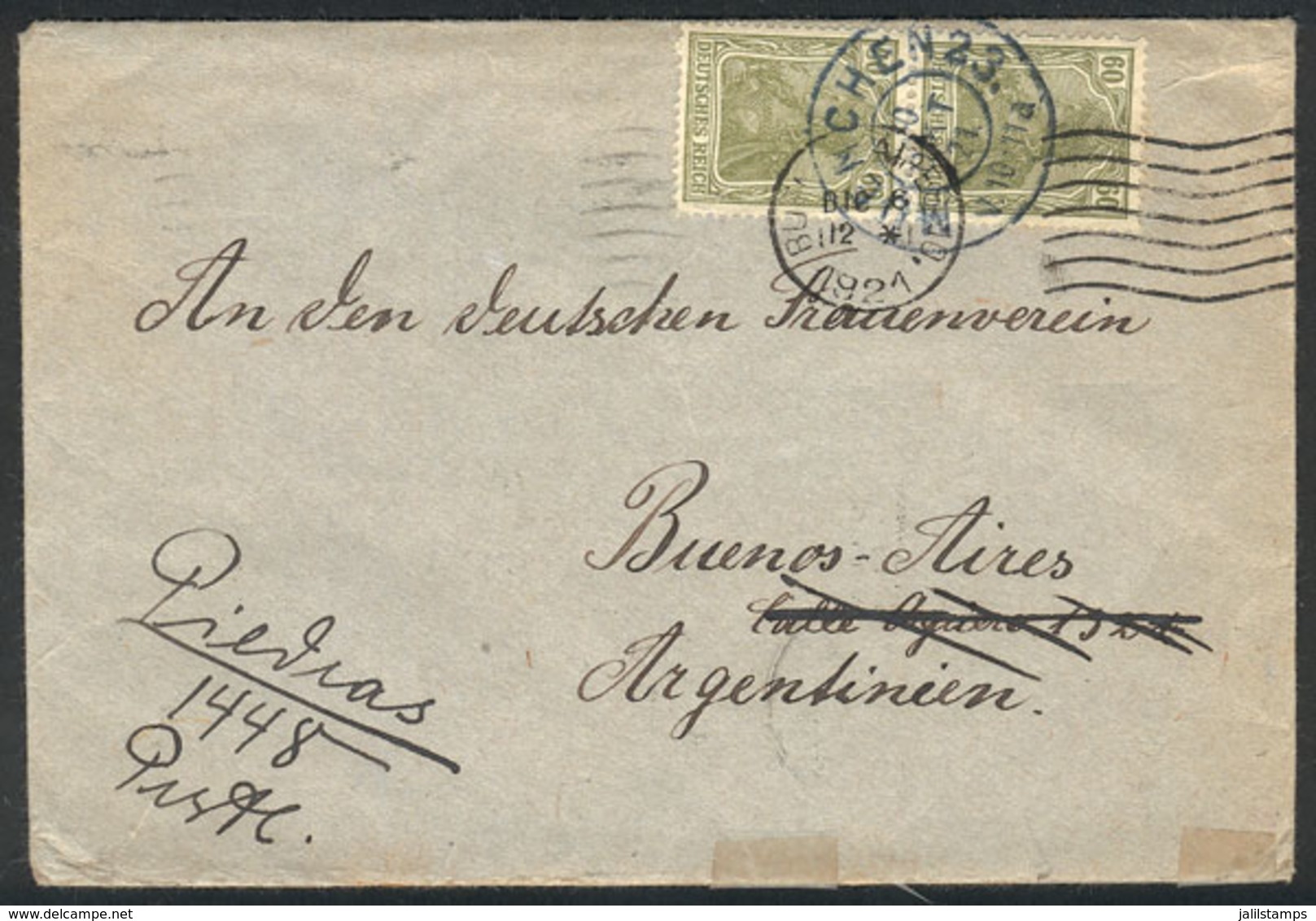 GERMANY: Cover Sent From München To Buenos Aires On 10/OC/1921 Franked With 1.20Mk., DOUBLE CANCELLATION: Dispatching Ca - Préphilatélie