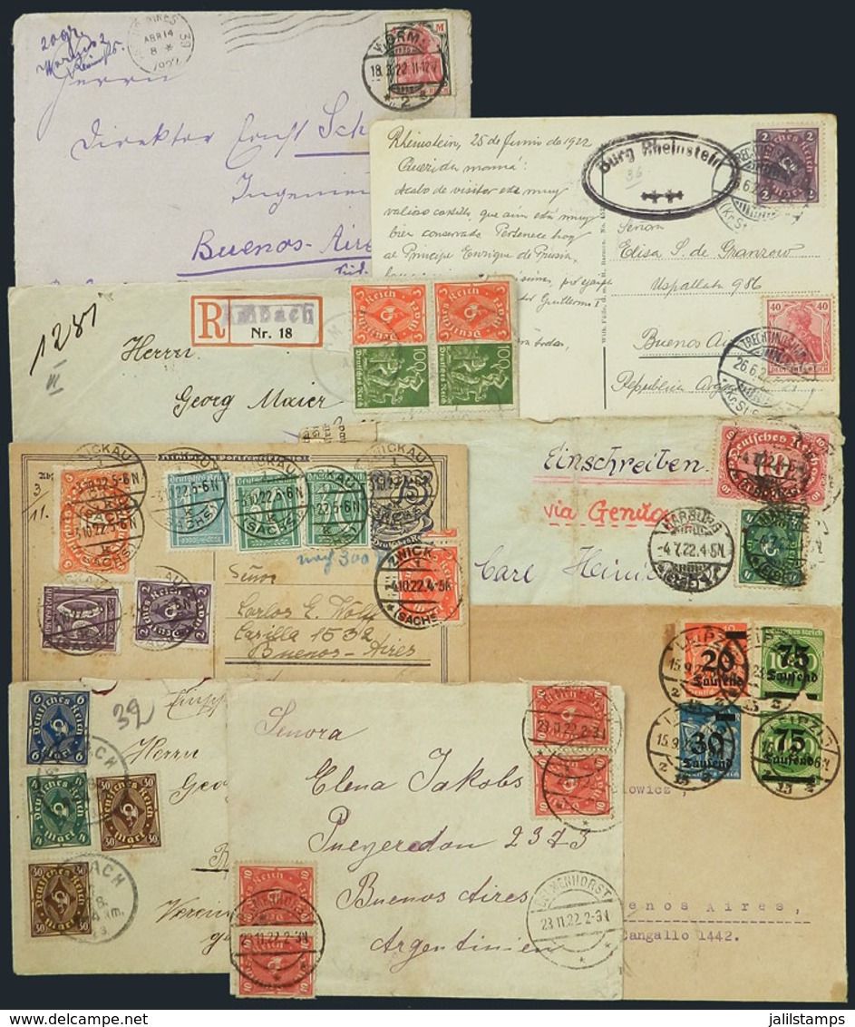 GERMANY: 8 Covers Sent To Argentina In 1922 And 1923 With Interesting INFLA Postages, One With Interesting Control Label - Prefilatelia