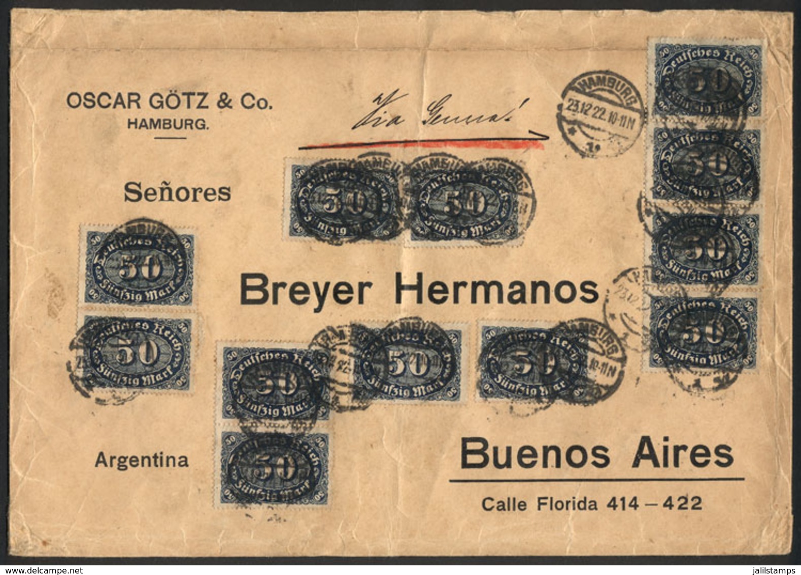 GERMANY: Cover Sent From Hamburg To Buenos Aires On 23/DE/1922, With INFLA Postage Of 600Mk., VF Quality! - Préphilatélie