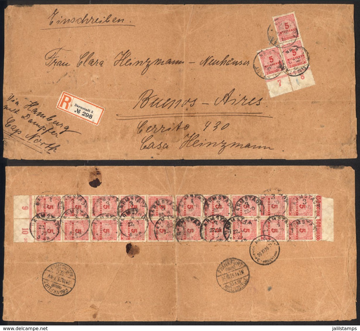 GERMANY: Large Registered Cover Sent From Darmstadt To Buenos Aires On 22/OC/1923, With Spectacular INFLA Postage Of 115 - Precursores