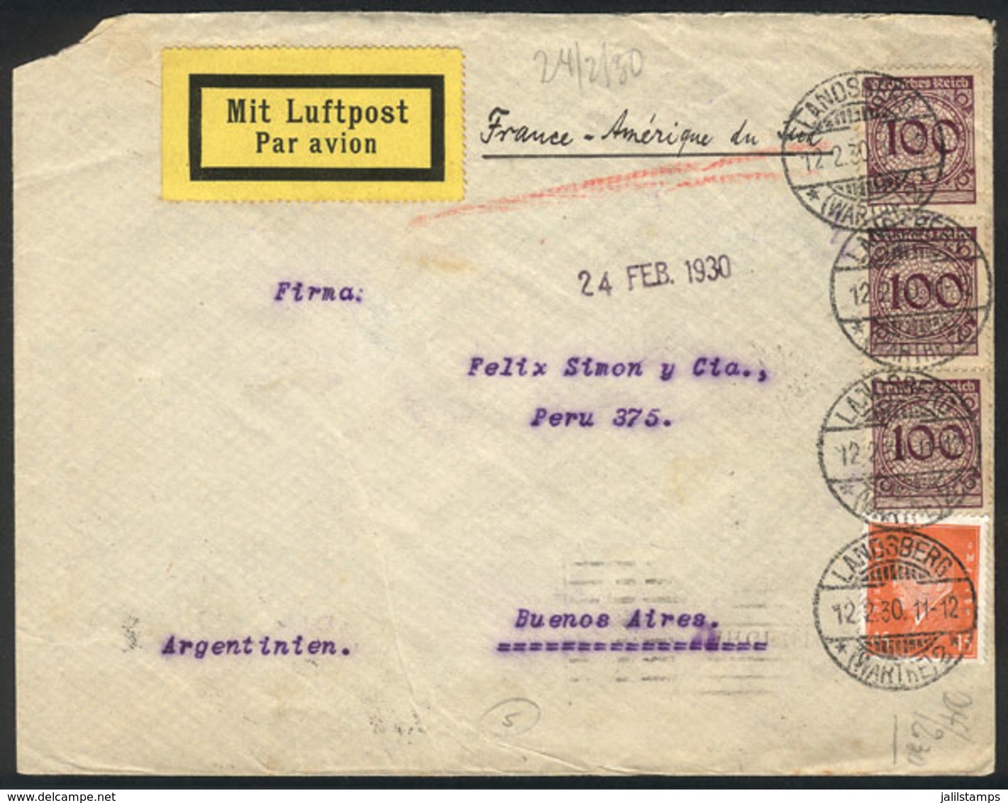 GERMANY: Airmail Cover Sent From Landsberg To Buenos Aires On 12/FE/1930 By AIR FRANCE, Franked With 3.15Mk., With Trans - Prefilatelia