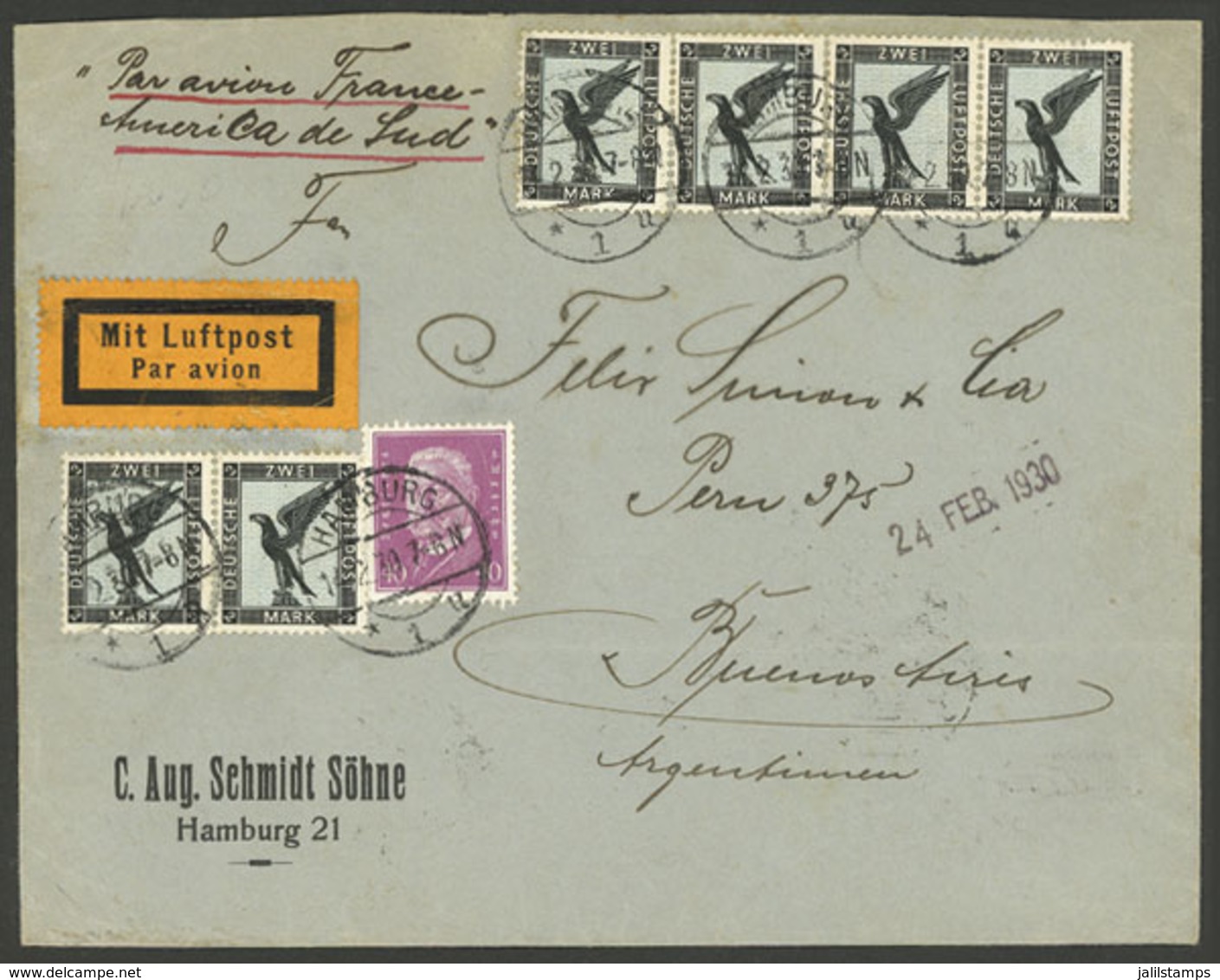 GERMANY: 14/FE/1930 Hamburg - Buenos Aires, Airmail Cover By Air France Franked With 12.40Mk., Very Attractive! - Prefilatelia