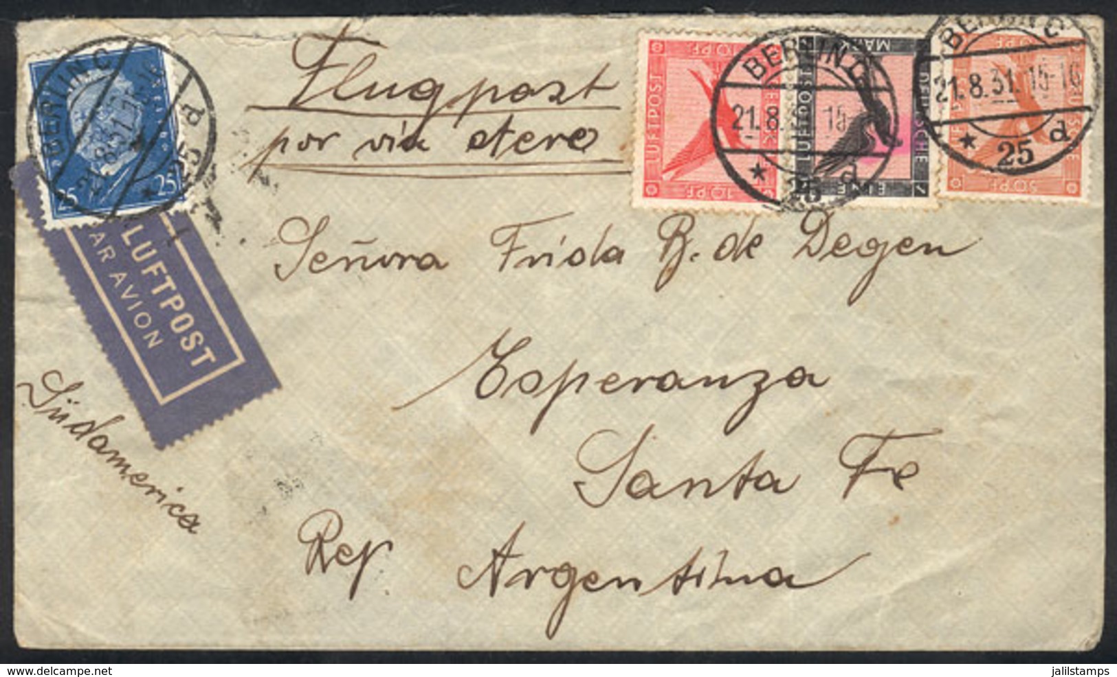 GERMANY: Airmail Cover Sent From Berlin To Argentina On 21/AU/1931 By Air France (transit Backstamp Of Strasbourg) Frank - Prephilately