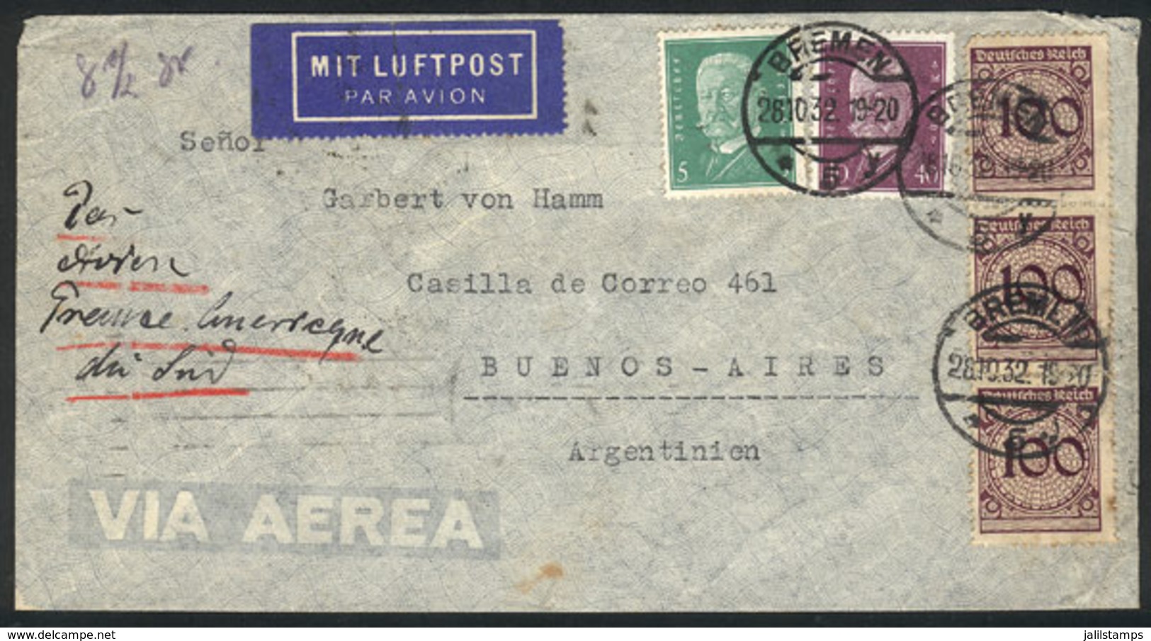 GERMANY: Airmail Cover Sent From Bremen To Buenos Aires On 28/OC/1932 Franked With 3,45Mk., Via Air France, With Marseil - Prefilatelia