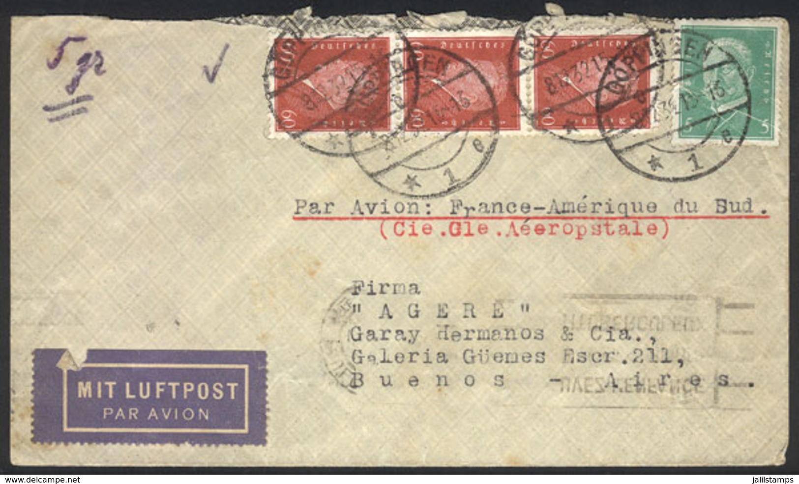 GERMANY: Airmail Cover Sent From Göppingen To Buenos Aires On 8/DE/1932 Via AIR FRANCE Franked With 1.85Mk., With Marsei - Prefilatelia