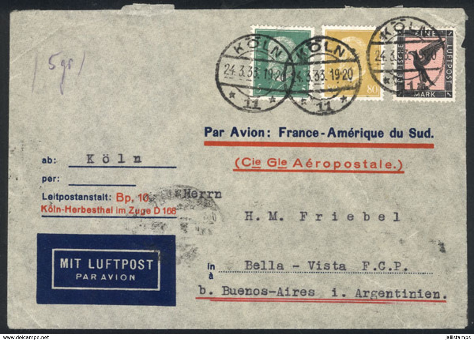 GERMANY: Airmail Cover Sent From Köln To Bella Vista On 24/MAR/1933 Franked With 1.85Mk., VF Quality! - Precursores