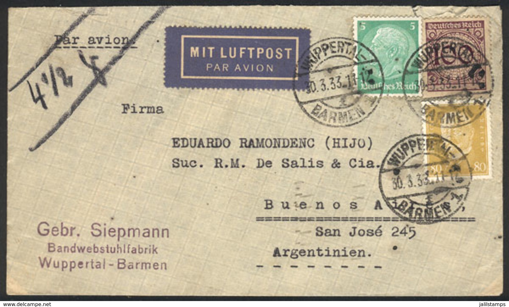 GERMANY: Airmail Cover Sent From Wuppertal To Buenos Aires On 30/MAR/1933 Franked With 1.85Mk. By Air France, With Trans - Prephilately