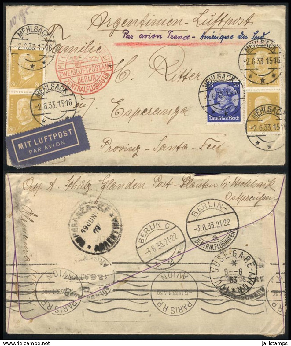 GERMANY: 2/JUN/1933 Mehlsack - Esperanza (Argentina): Cover Franked With 3.45RM. With A Combination Of German + French A - Precursores