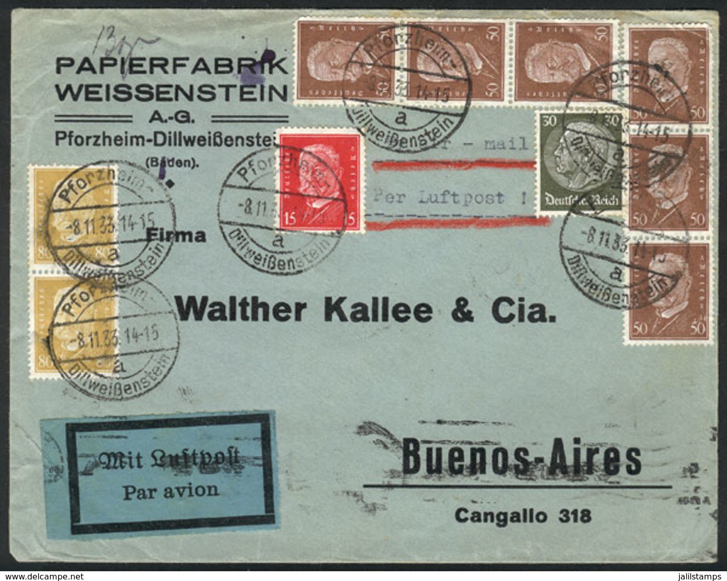 GERMANY: Airmail Cover Sent From Pforzheim-Dillweissenstein To Buenos Aires On 8/NO/1933 Franked With 5.05Mk., By Air Fr - Vorphilatelie