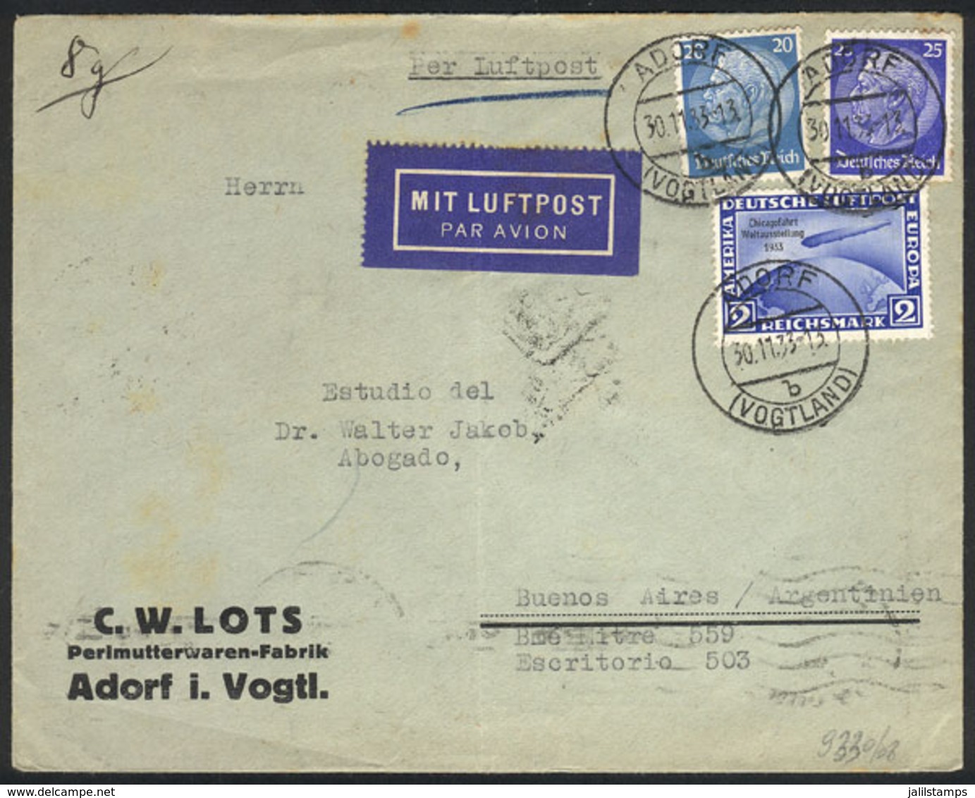 GERMANY: Airmail Cover Franked By Sc.C44 + Other Values (value US$275 On Cover), Sent From Adorf To Buenos Aires On 30/N - Prefilatelia
