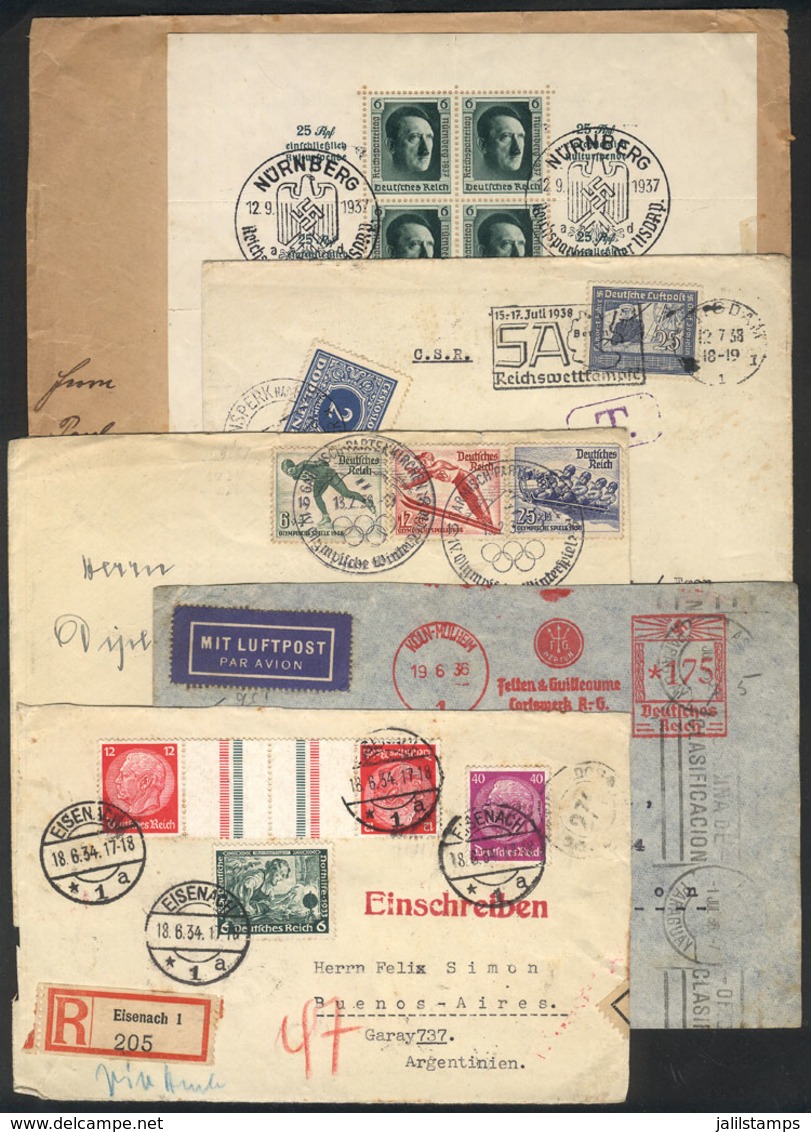 GERMANY: 4 Covers + 1 Front Used Between 1934 And 1938, There Are Thematic Postmarks, Good Frankings, One With Czechoslo - Prephilately