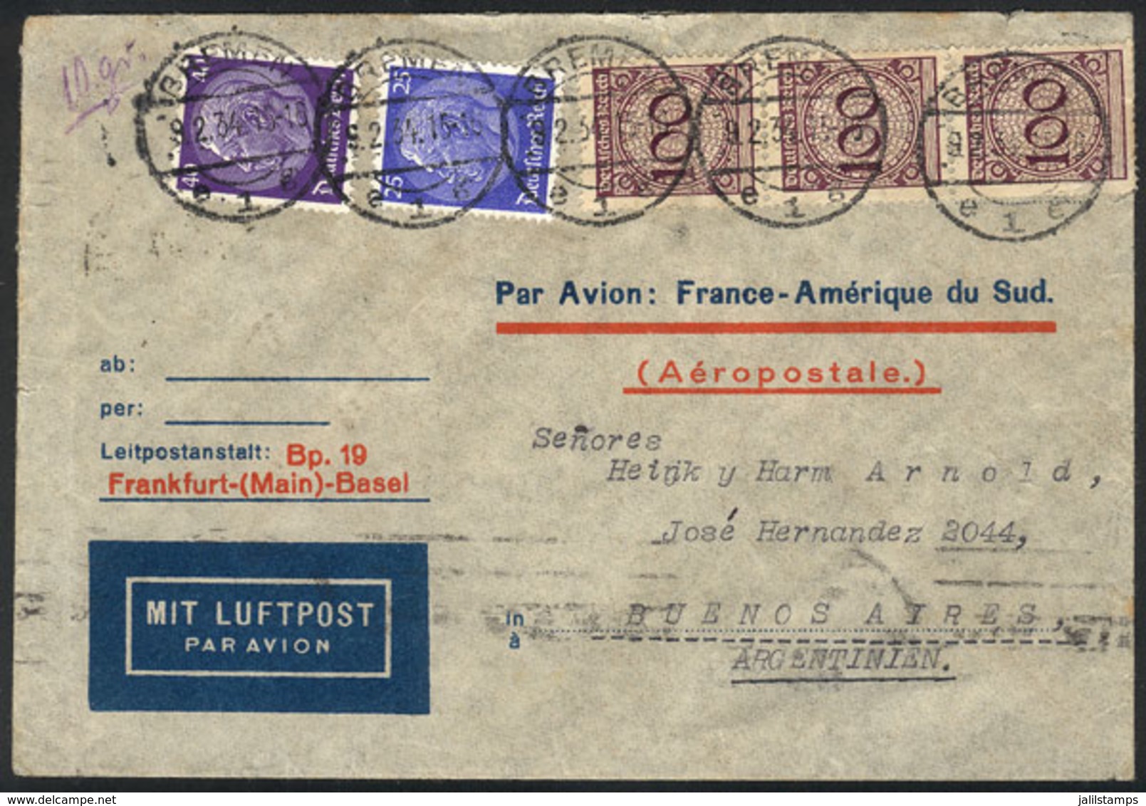 GERMANY: Airmail Cover Sent From Bremen To Buenos Aires On 9/FE/1934  Franked With 3.65Mk., By Air France, With Marseill - Precursores