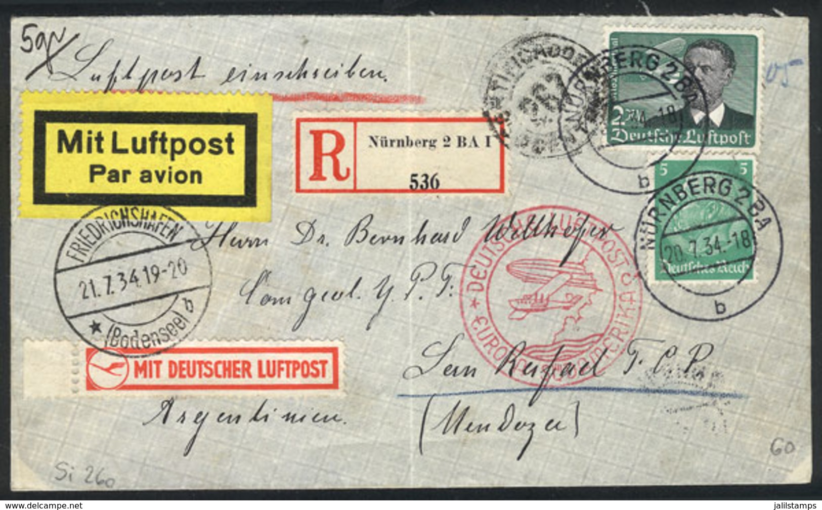 GERMANY: Registered Airmail Cover Flown By ZEPPELIN, Sent From Nürnberg To San Rafael On 20/JUL/1934 Franked With 2.05Mk - Prefilatelia