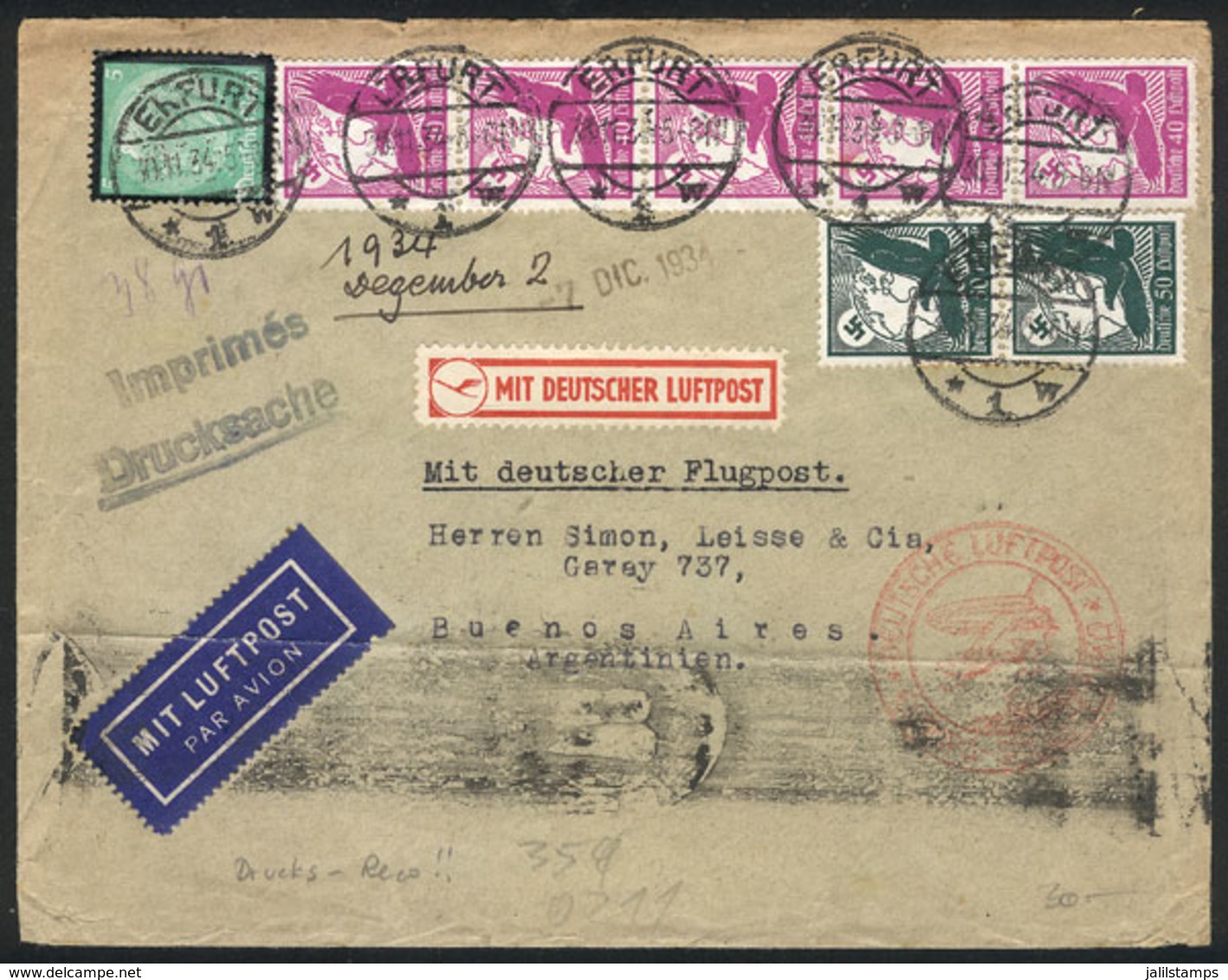 GERMANY: Airmail Cover (it Contained Printed Matter) Sent From Erfurt To Buenos Aires On 30/NO/1934 Franked With 3.05Mk. - Precursores