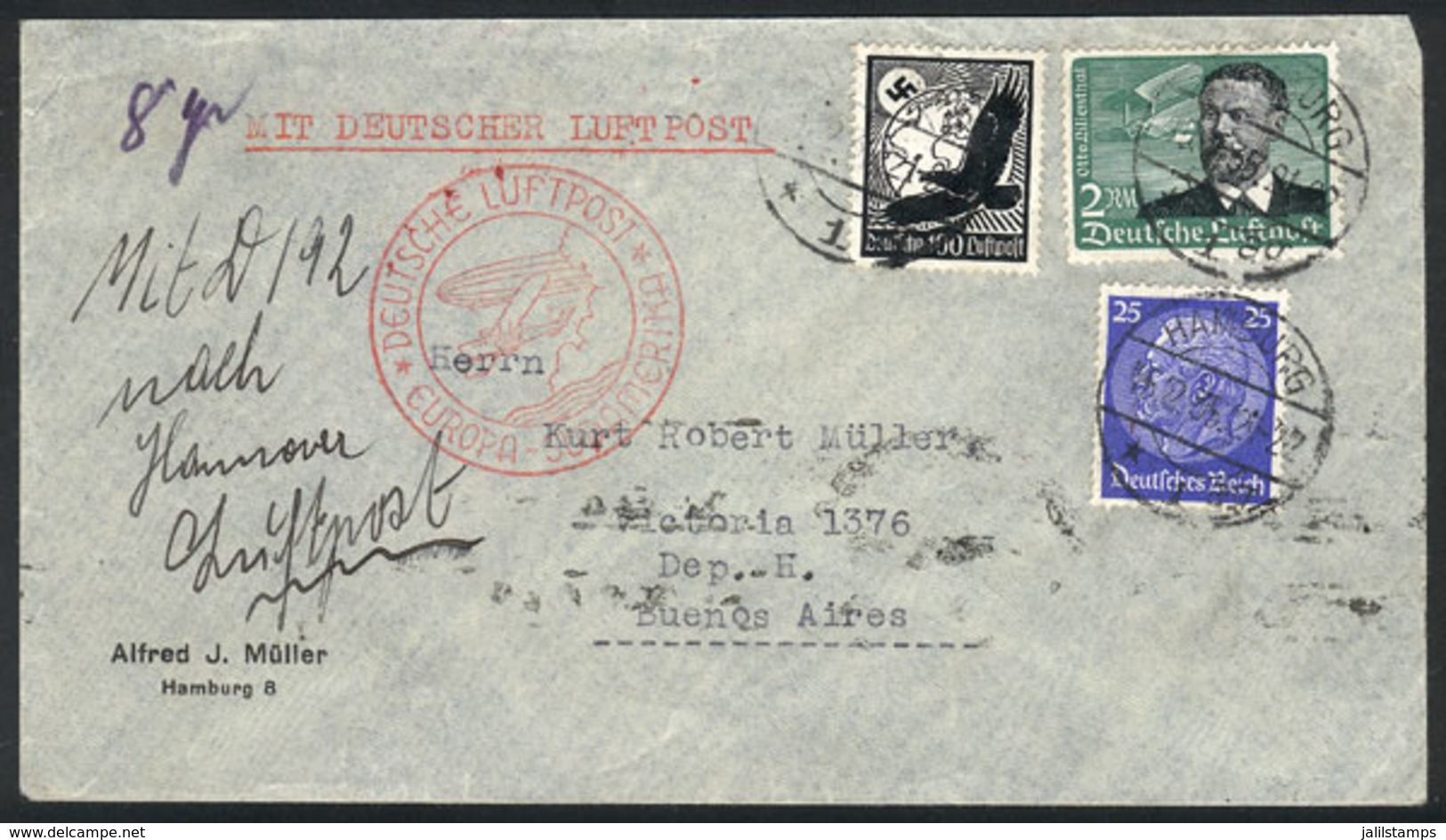 GERMANY: Airmail Cover Sent From Hamburg To Buenos Aires On 15/FE/1935 Franked With 3.25Mk., VF Quality! - Precursores