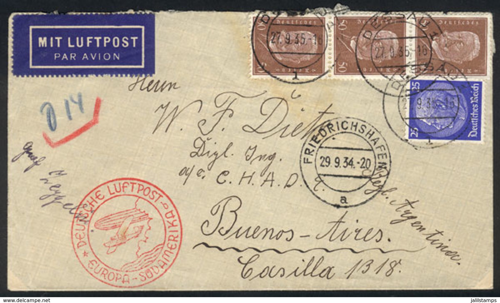 GERMANY: Airmail Cover Flown By ZEPPELIN, Sent From Dessau To Buenos Aires On 27/SE/1935, VF Quality! - Vorphilatelie
