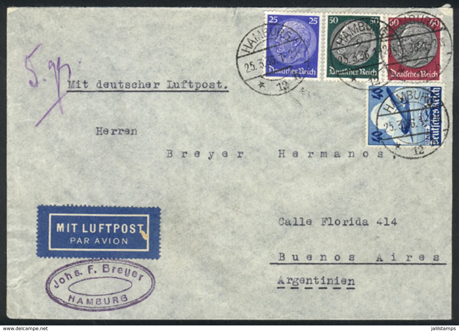 GERMANY: Airmail Cover Sent From Hamburg To Buenos Aires On 25/MAR/1936 Franked With 1.75Mk., VF Quality! - Precursores