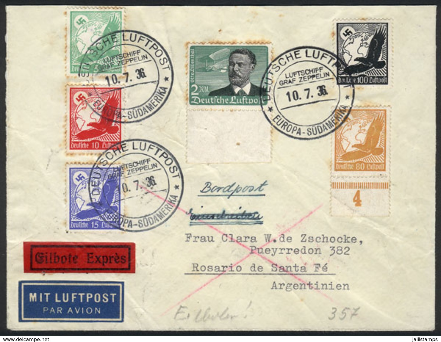 GERMANY: Airmail Cover Flown By ZEPPELIN, Dispatched From The Airship During Flight To South America To Rosario (Argenti - Prefilatelia