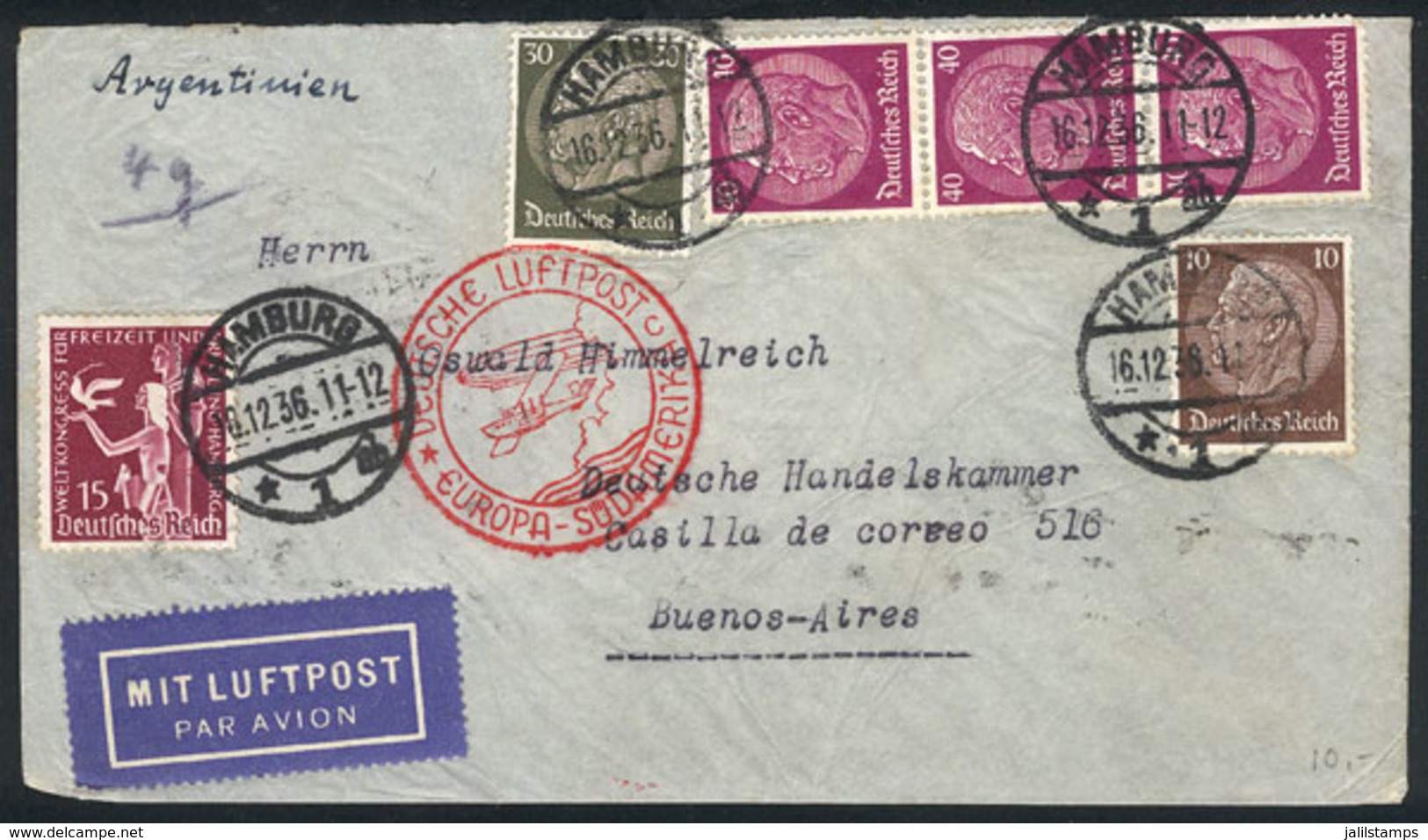 GERMANY: Airmail Cover Sent From Hamburg To Buenos Aires On 16/DE/1936 Franked With 1.75Mk., VF Quality! - Prephilately