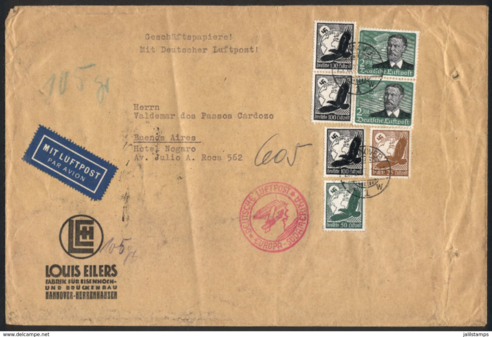 GERMANY: Airmail Cover Sent From Hannover To Buenos Aires On 25/AU/1937 Franked With 7.75Mk., VF Quality! - Prephilately