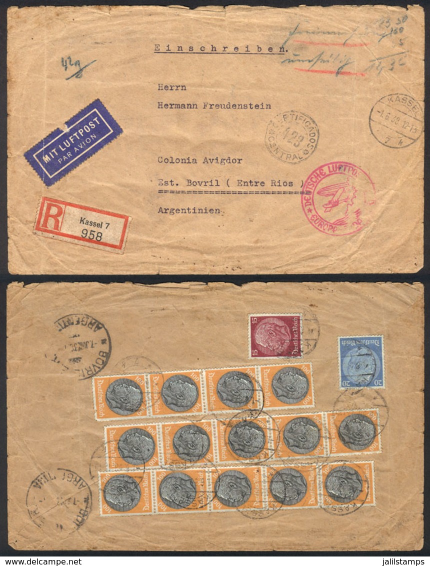 GERMANY: Registered Airmail Cover Sent From Kassel To Bovril (Entre Ríos) On 1/JUN/1938 Franked On Back With 14.35Mk., V - Precursores