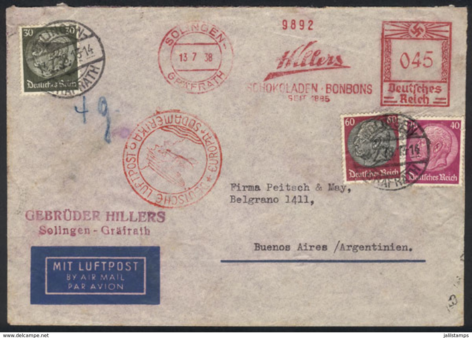 GERMANY: Airmail Cover Sent From Solingen To Buenos Aires On 13/JUL/1938 Franked With 1.75Mk. Combining Meter Postage Of - Prefilatelia